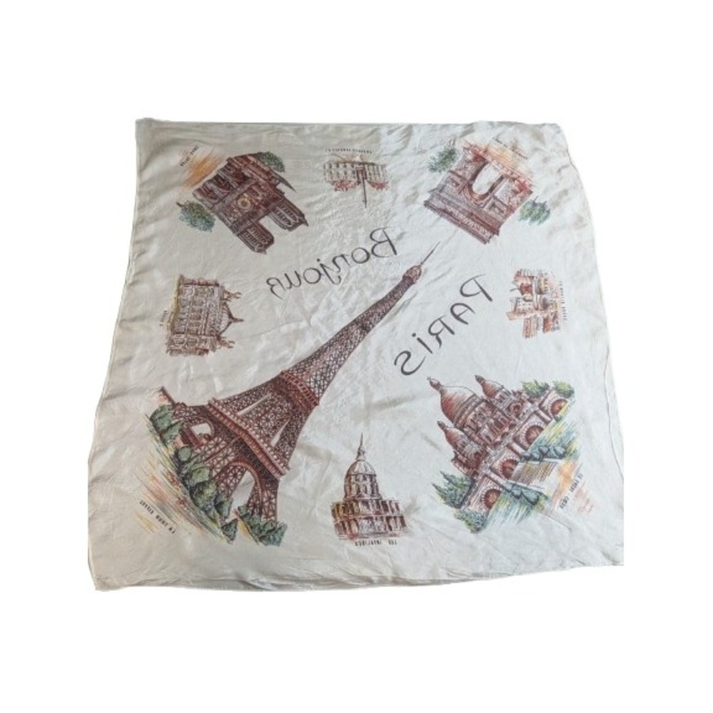 Vintage 30x30 Paris Souvenir Scarf - Large Mid-Century French Landmark Scarf MCM - Picture 2 of 12